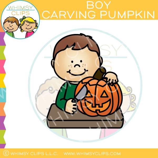 Boy Carving a Pumpkin Clip Art