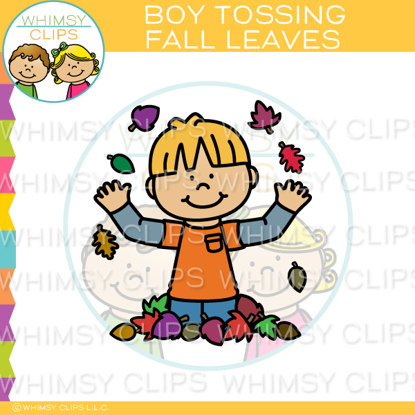 Boy Tossing Fall Leaves Clip Art