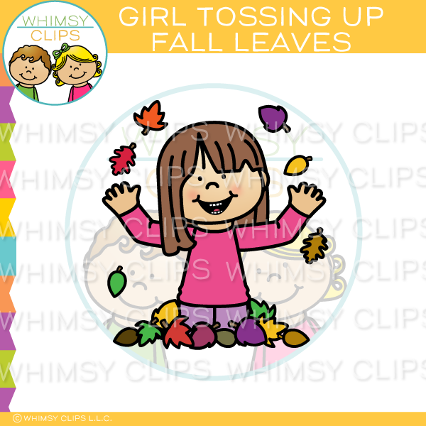 Girl Tossing up Fall Leaves Clip Art