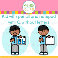 Clip art of a child holding a pencil and notepad with and without letters, branded 'Whimsy Clips'.