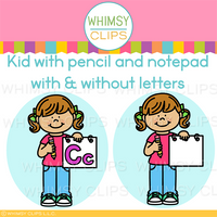 Girl holding a pencil and notepad with and without C letters