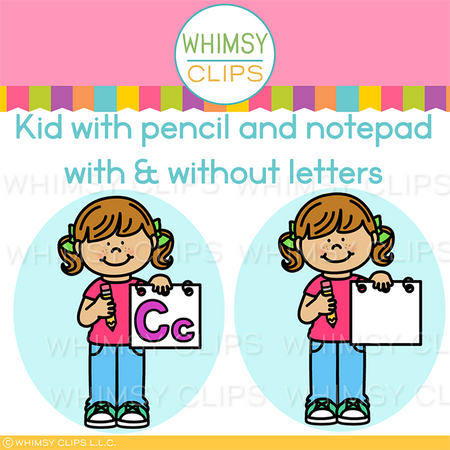 Girl holding a pencil and notepad with and without C letters
