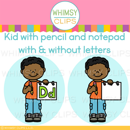 Illustration of a child holding a pencil and notepad with and without letters