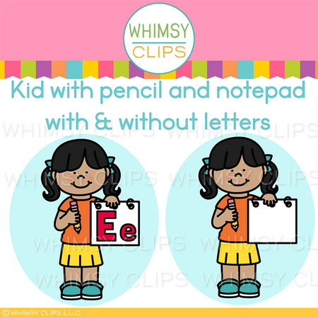 Illustration of a girl holding a pencil and notepad with and without letters.