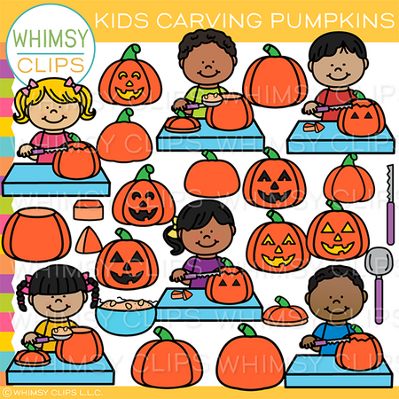 Kids Carving Pumpkins Clip Art