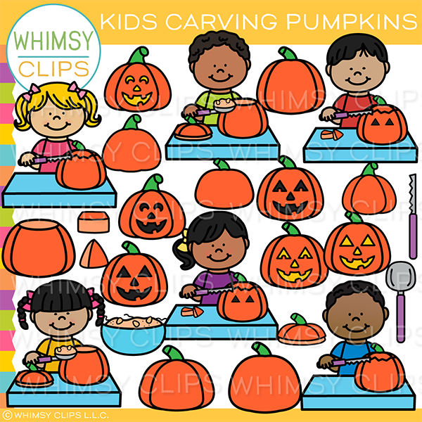 Kids Carving Pumpkins Clip Art