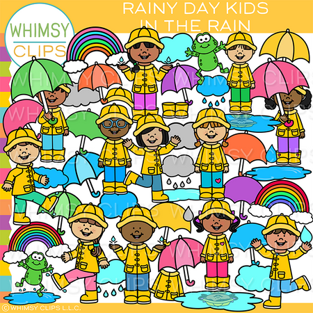 Kids Playing in the Rain Clip Art