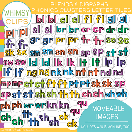 Blends and Digraphs Phonics Cluster Letter Tiles Moveable Clip Art