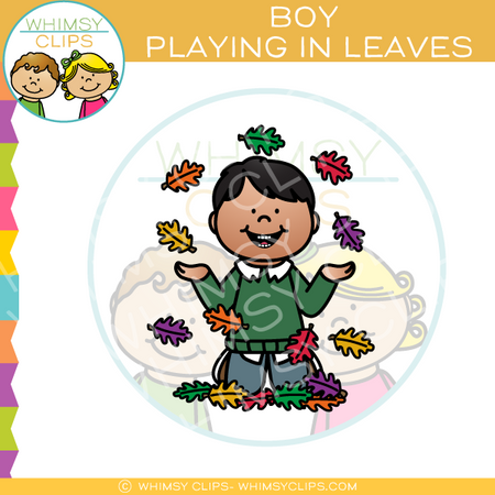 Boy Playing in Fall Leaves Clip Art