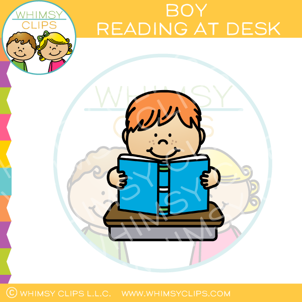 Boy Reading At Desk Clip Art