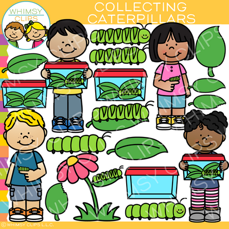 Kids with Caterpillars Clip Art