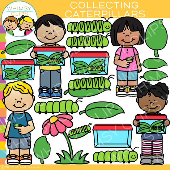 Kids with Caterpillars Clip Art