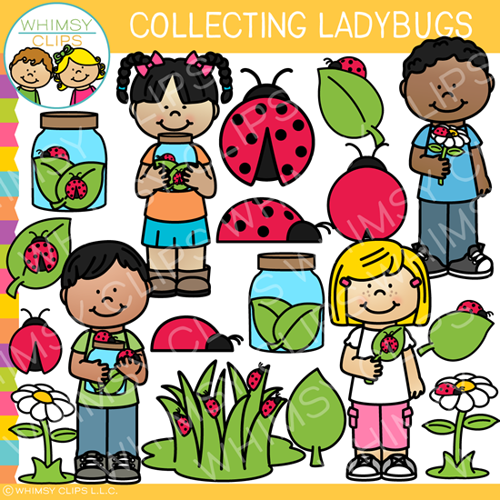 Kids Collecting Ladybugs Clip Art