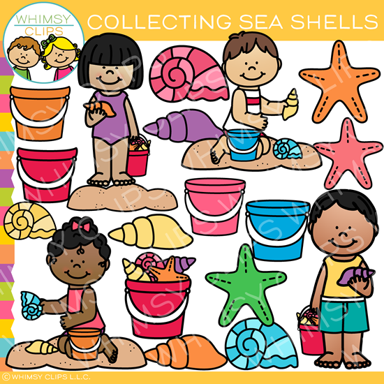 Kids Collecting Sea Shells Clip Art