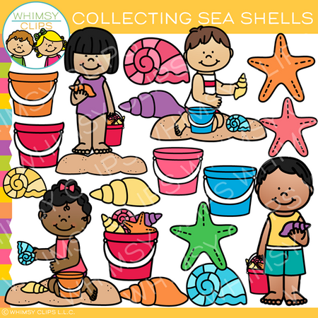 Kids Collecting Sea Shells Clip Art