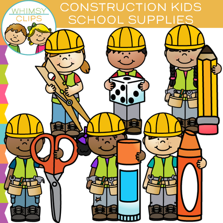 Construction Kids with School Supplies Clip Art