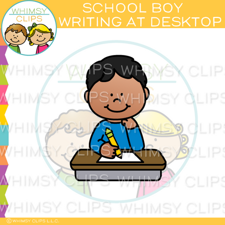School Boy Writing At Desktop Clip Art