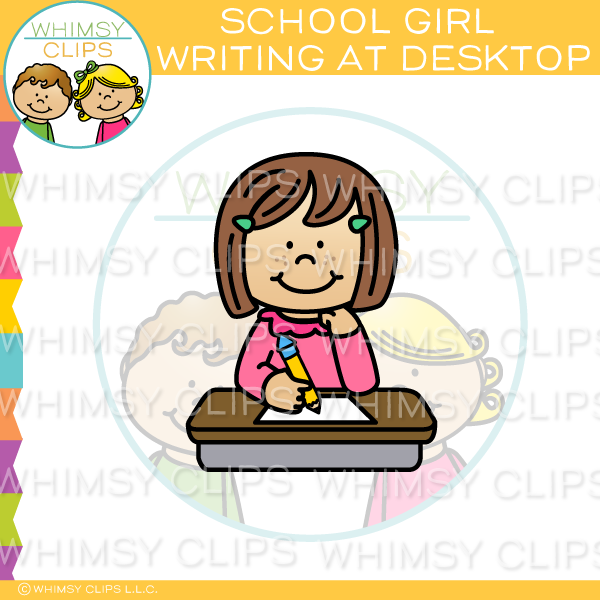 School Girl Writing At Desktop Clip Art