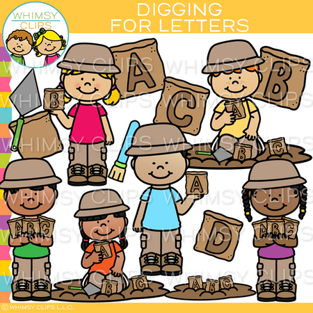 Kids Digging for Letters Clip Art