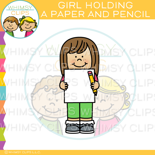 Girl Holding Paper and Pencil Clip Art