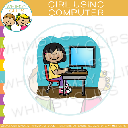 Girl Using Computer Clip Art