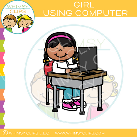 Girl Using Computer Clip Art