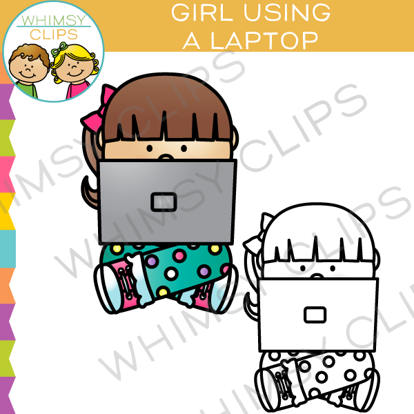 Girl Using Laptop Computer Center Clip Art