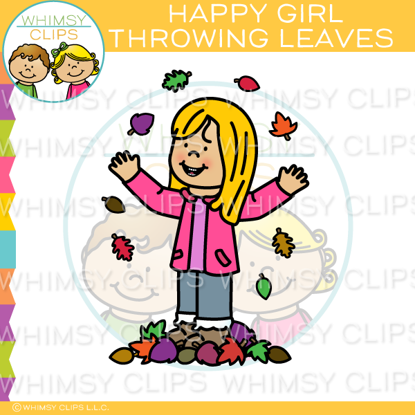 Happy Girl Throwing Fall Leaves Clip Art