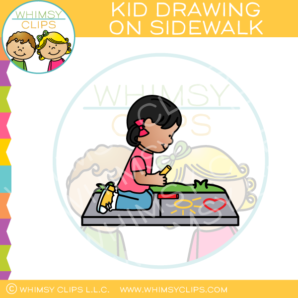Girl Drawing on Sidewalk Clip Art