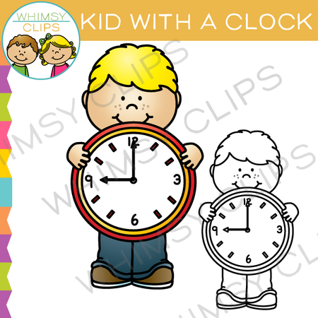 Kid with a Clock Clip Art