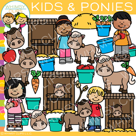 Kids with Ponies Clip Art
