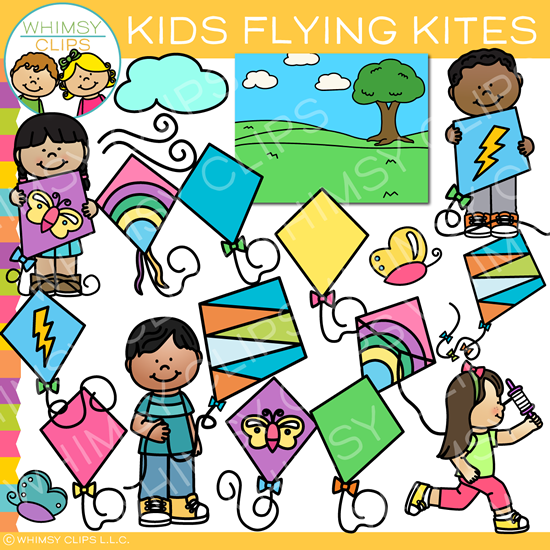 Spring Kids Flying Kites Clip Art