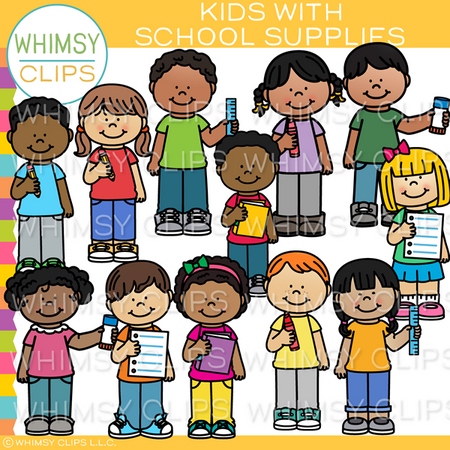 Kids with Big School Supplies Clip Art