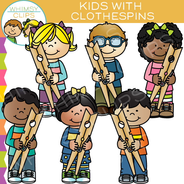 Kids with Clothepins Clip Art