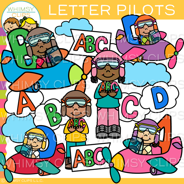 Kids Pilots with Letters Clip Art