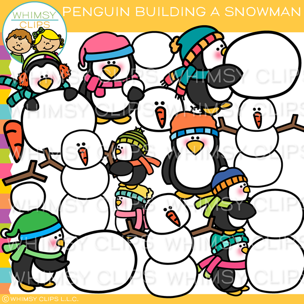 Penguin Building a Snowman Clip Art