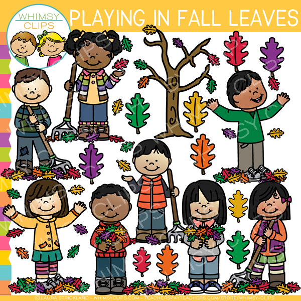 Kids Playing in Fall Leaves Clip Art