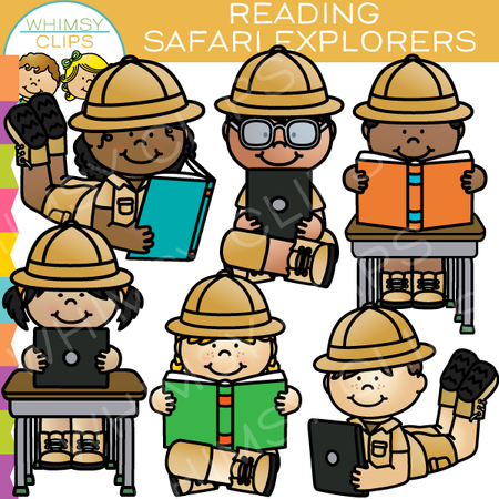 Safari Kids Reading Clip Art