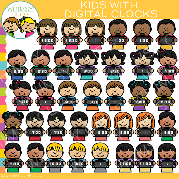 Kids with Digital Clocks Clip Art