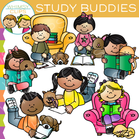 Kids Studying With Pets Clip Art