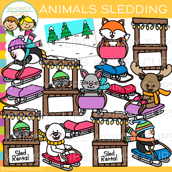 Winter Animals Sledding Clip Art